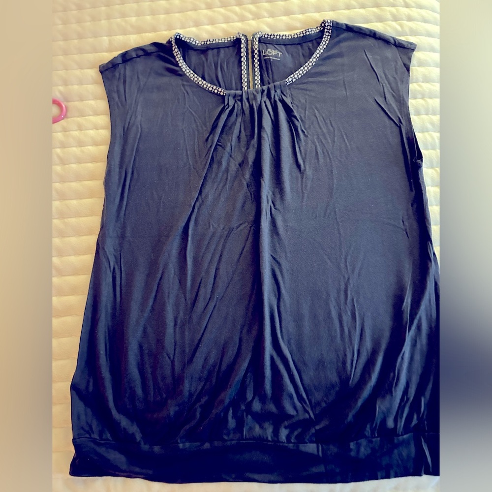 LOFT top with polka trim at pleated neckline and banded bottom
